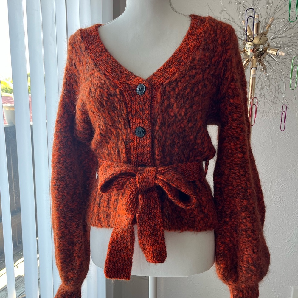 Ganni Burnt Orange Knit Cardigan with Bow Tie